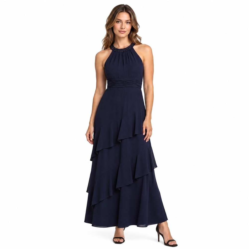 Eliza J Maxi Dress Women's Size 14 Blue Embellished Halter Tiered Ruffle Gown